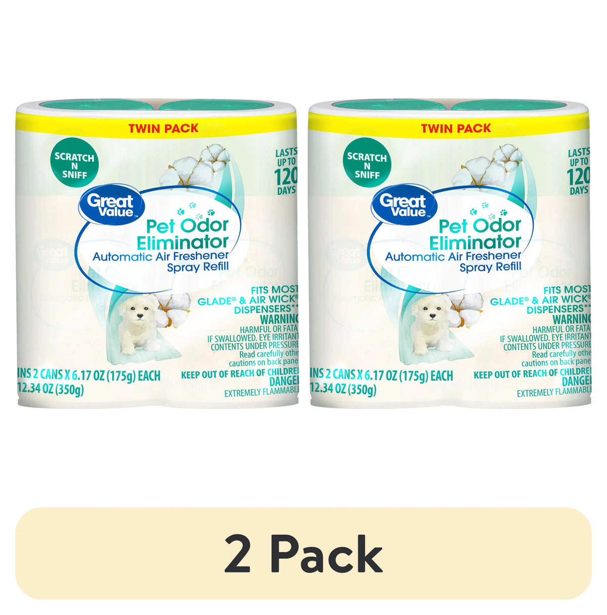 Great Value Automatic Air Freshener Spray Refill, PET Odor Eliminator, 2 Pieces