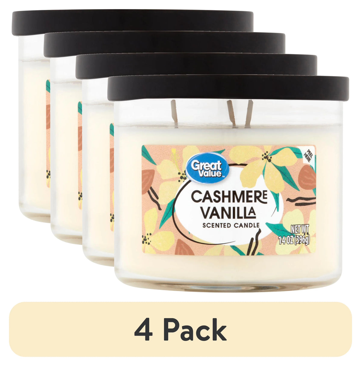 (4 pack) Great Value Cashmere Vanilla Scented Candle, 3 Wick, 14 oz