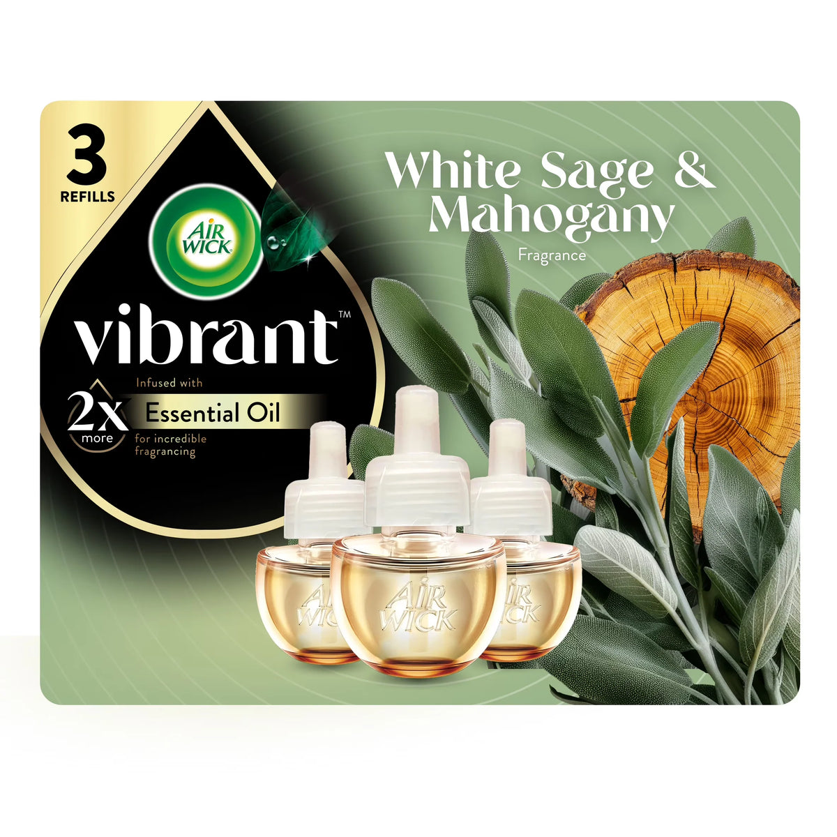 Air Wick Vibrant Plug-In Scented Oil Air Freshener Warmer Refills, White Sage and Mahogany, 3 Count