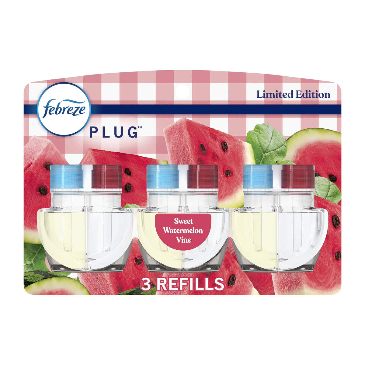 Febreze Plug In Air Freshener, Odor-Fighting Scented Oil Refill, Sweet Watermelon Vine, 3 Refills