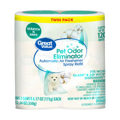 Great Value Automatic Air Freshener Spray Refill, PET Odor Eliminator, 2 Pieces