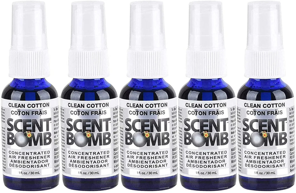 Scent Bomb Air Freshener Spray, 100 % Oil Based Concentrated Air Freshener, Air Freshener Spray for Car, Room, Bathroom and Odor Eliminator, Clean Cotton, 5 Pack