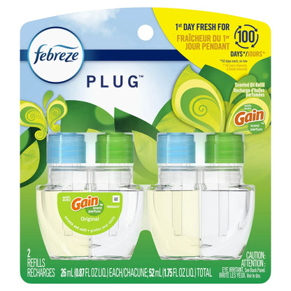 Febreze Plug In Air Freshener, Odor-Fighting Scented Oil Refill, Gain Scent, 2 Refills
