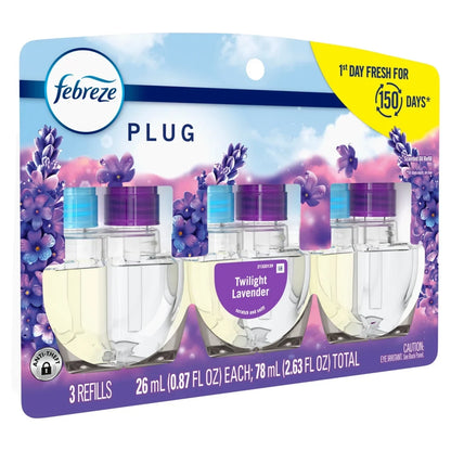 Febreze Plug In Air Freshener, Odor-Fighting Scented Oil Refill, Twilight Lavender Scent, 3 Refills