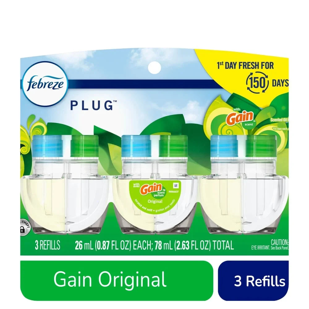 Febreze Plug In Air Freshener Odor-Fighting Scented Oil Refill Gain Scent Refills 3 ct - 5 Pack