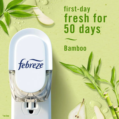 Febreze Plug-In Air Freshener, Odor-Fighting Scented Oil Starter Kit, Air Fresheners for Home and Bathroom and Kitchen, Long Lasting for Strong Odors, Bamboo Scent, Warmer + 4 Refill