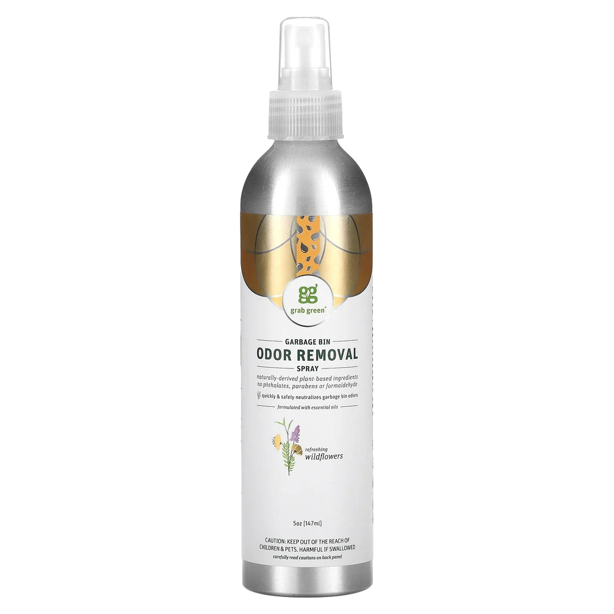 Grab Green Garbage Bin Odor Removal Spray, Refreshing Wildflowers, 5 oz (147 ml)