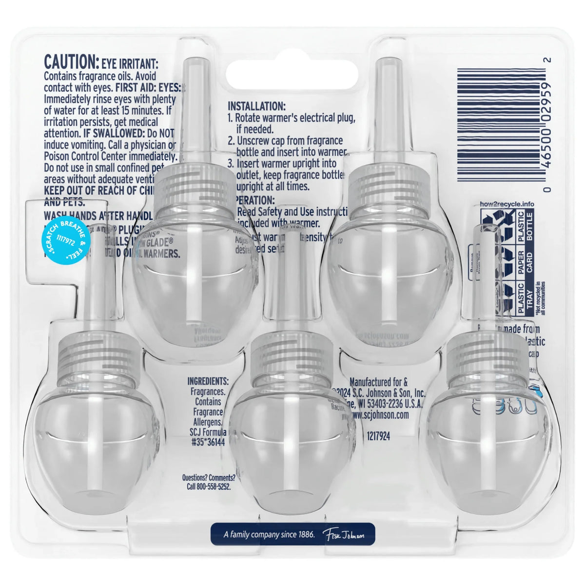 Glade PlugIns Scented Oil 5 Refills, Air Freshener, Aqua Waves, Essential Oil Infused Wall Plug In, 3.35 FL oz, Pack of 5