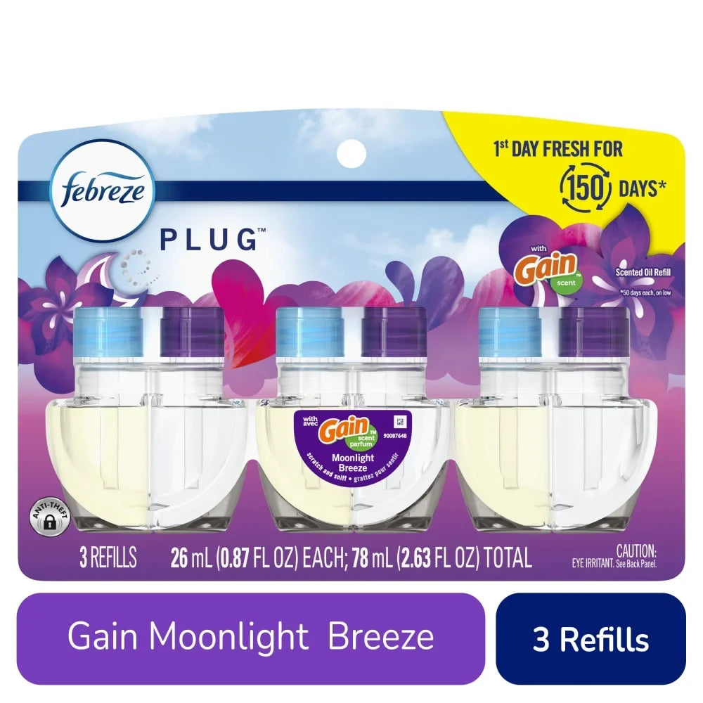 Febreze PLUG Air Freshener Gain Moonlight Breeze, 3 Pack 0.87 fl oz Oil Refill 3 ct - 5 Pack