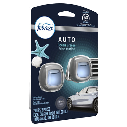 Febreze Auto Odor-Eliminating Car Freshener Vent Clip, Ocean Breeze, .06 oz, 2 Pack
