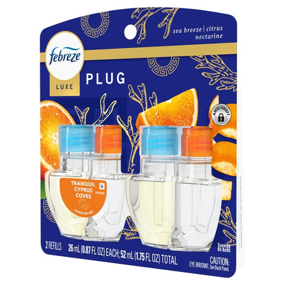 Febreze Plug In Air Freshener, Odor-Fighting Scented Oil Refill, Tranquil Cyprus Coves Scent, 2 Refills