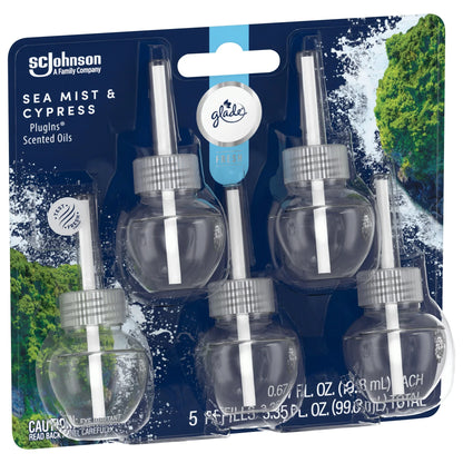 Glade PlugIns Scented Oils Air Freshener Refills, Sea Mist & Cypress, Fresh Collection, 0.67 fl oz Each, 5 Refills
