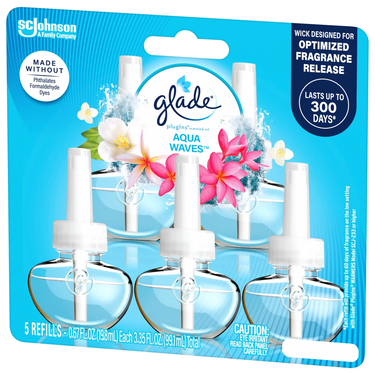 Glade PlugIns Scented Oil 5 Refills, Air Freshener, Aqua Waves, Essential Oil Infused Wall Plug In, 3.35 FL oz, Pack of 5