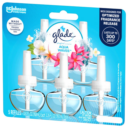 Glade PlugIns Scented Oil 5 Refills, Air Freshener, Aqua Waves, Essential Oil Infused Wall Plug In, 3.35 FL oz, Pack of 5