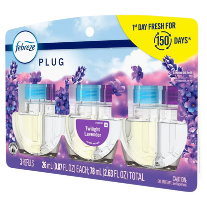Febreze Plug In Air Freshener, Odor-Fighting Scented Oil Refill, Twilight Lavender Scent, 3 Refills
