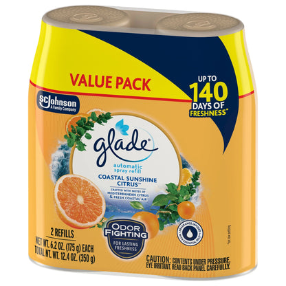 Glade Automatic Spray Refills, Air Freshener, Infused with Essential Oils, Coastal Sunshine Citrus, 6.2 oz, 2 Count