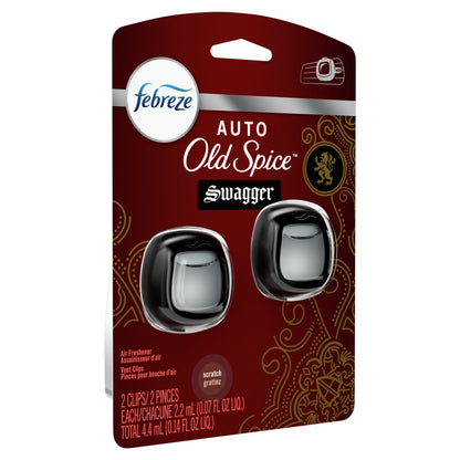 Febreze AUTO Odor-Eliminating Car Freshener Old Spice Swagger, .07 oz. Car Vent Clip, Pack of 2
