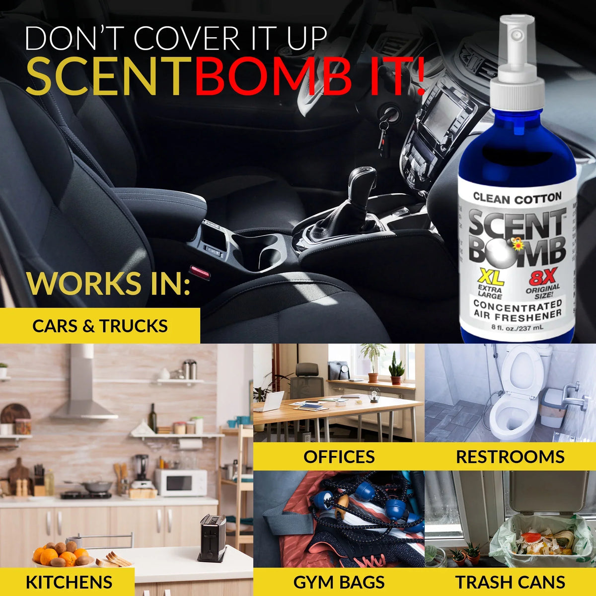 Scent Bomb Clean Cotton Air Freshener  8 oz Spray, Long-Lasting Odor Eliminator for Home & Car, Effective Deodorizer Spray for Kitchen, Bathroom, Fresh Room Spray & Smell Neutralizer