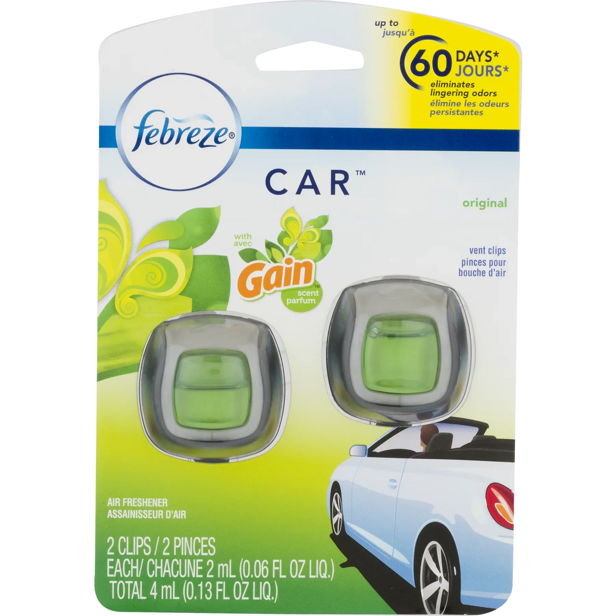 Febreze Car Odor-Eliminating Air Freshener, Gain Original, 2 Ct