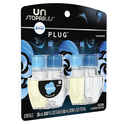 Febreze Unstoppables Plug Odor-Fighting Air Freshener, Breeze (2) .87 fl. oz. Oil Refills