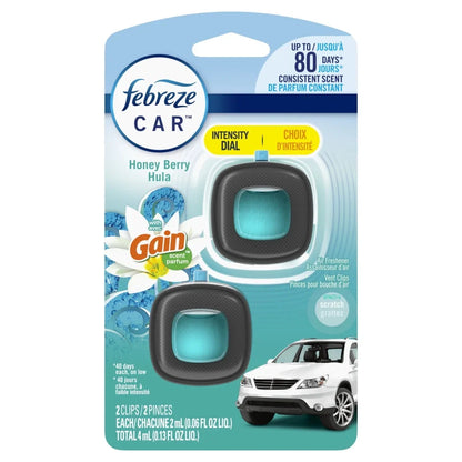 Febreze Car Air Freshener Vent Clip Gain Honey Berry Hula Scent, .06 oz. Car Vent Clip, 2 Count