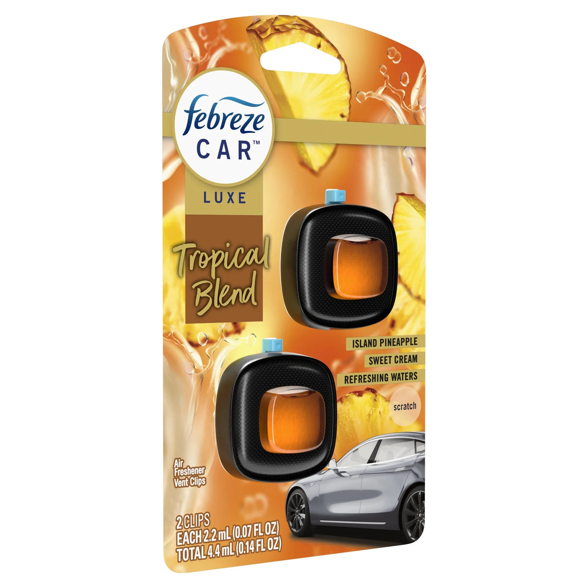 Febreze Car Air Freshener, Odor-Fighting Automotive Vent Clip, Tropical Blend Scent, 2 Count