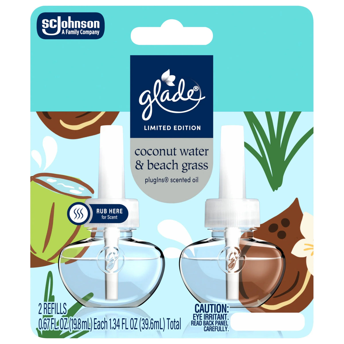 Glade® PlugIns®, Coconut Water & Beach Grass Scented Oil, 1.34 oz, 2 Count