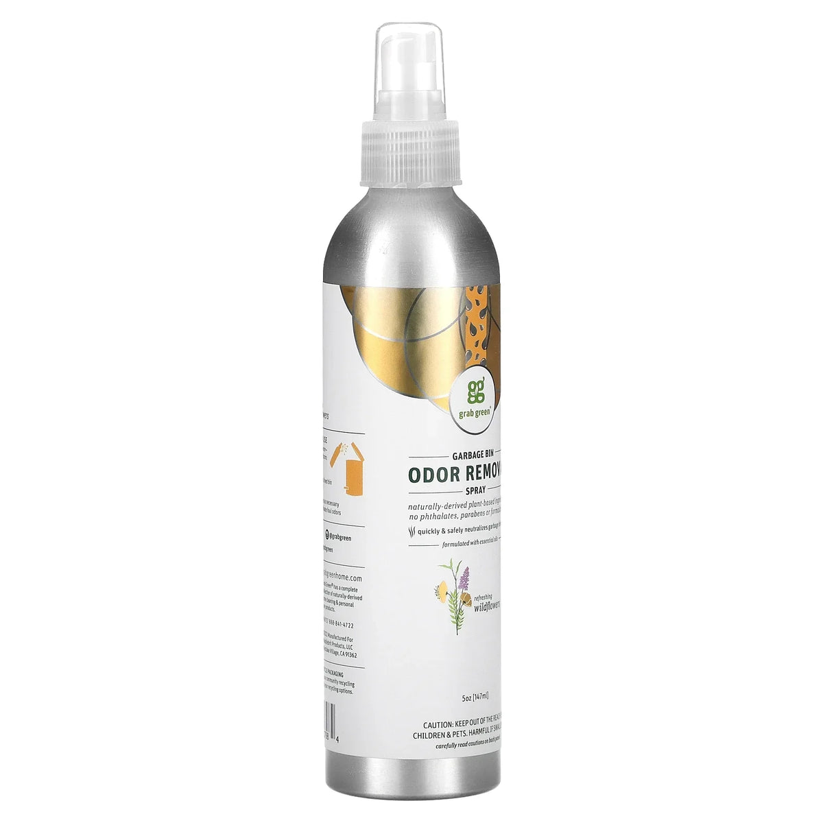 Grab Green Garbage Bin Odor Removal Spray, Refreshing Wildflowers, 5 oz (147 ml)