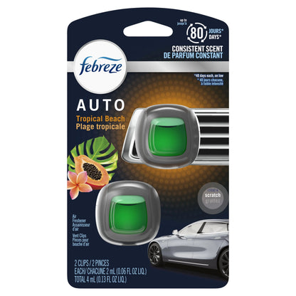 Febreze AUTO Air Freshener Vent Clip Tropical Breeze Scent, .06 oz Car Vent Clip, Pack of 2