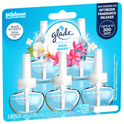 Glade PlugIns Scented Oil 5 Refills, Air Freshener, Aqua Waves, Essential Oil Infused Wall Plug In, 3.35 FL oz, Pack of 5