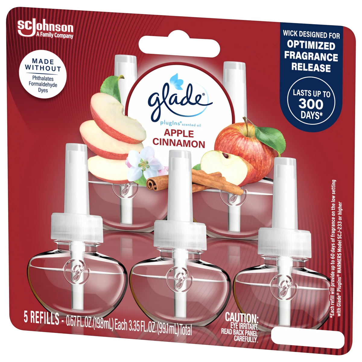 Glade PlugIns Scented Oil 5 Refills, Air Freshener, Apple Cinnamon, Essential Oil Infused Wall Plug In, 3.35 FL oz, Pack of 5