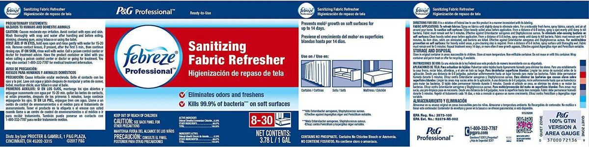 Febreze Professional Sanitizing Fabric Refresher, Bulk Sanitizing Spary for All Fabrics in Hotels, Restaurants and Businesses, Fresh Clean Scent, Ready-to-Use, 1 Gallon