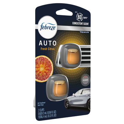 Febreze AUTO Air Freshener Vent Clip Fresh Citrus Scent, .06 oz Car Vent Clip, Pack of 2