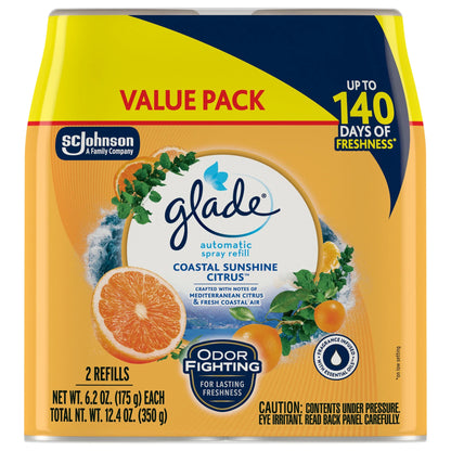 Glade Automatic Spray Refills, Air Freshener, Infused with Essential Oils, Coastal Sunshine Citrus, 6.2 oz, 2 Count