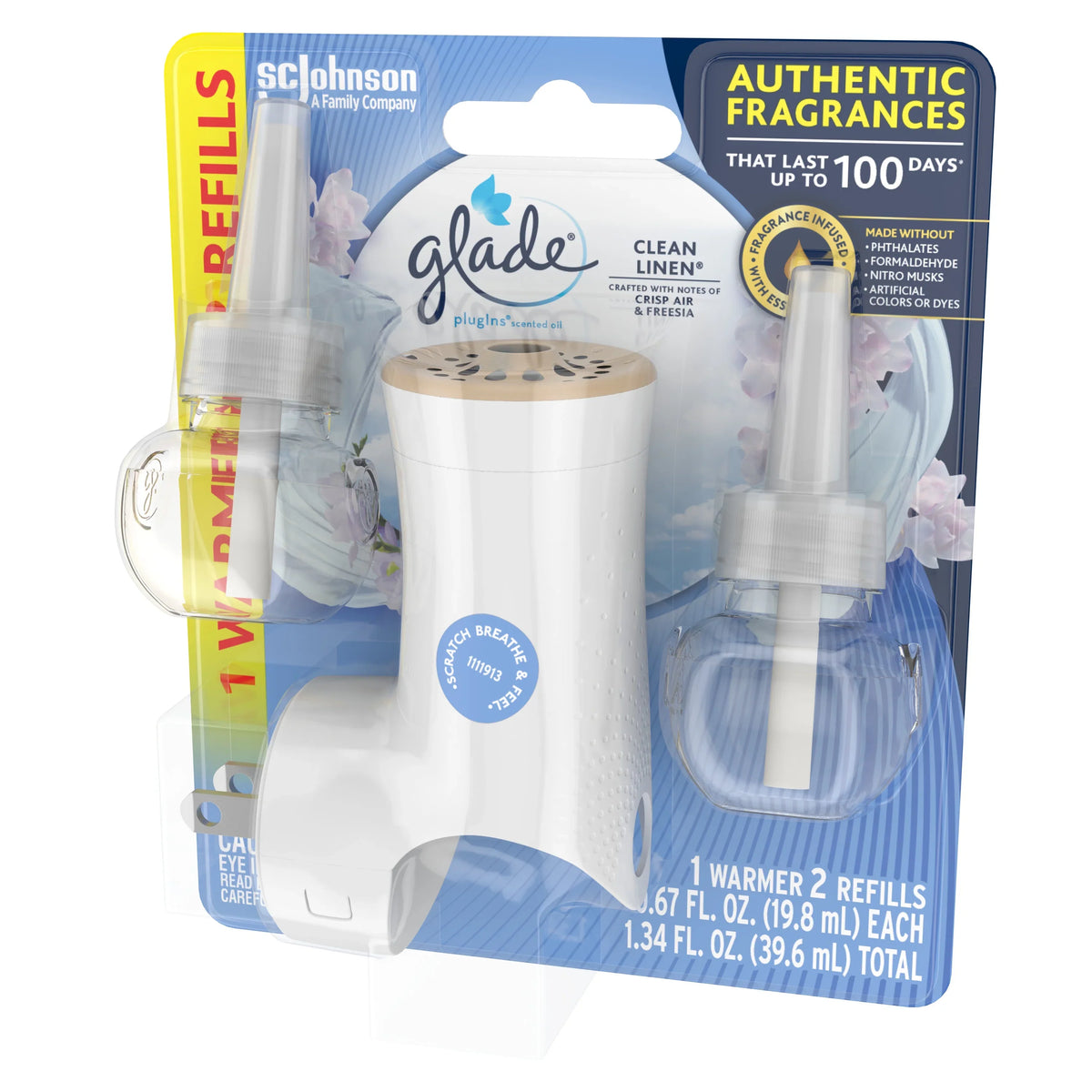 Glade PlugIns Scented Oil Warmer + 2 Refills, Air Freshener, Clean Linen™, 2 x 0.67 Oz
