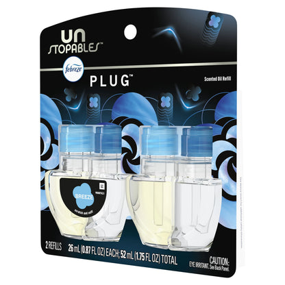 Febreze Unstoppables Plug Odor-Fighting Air Freshener, Breeze (2) .87 fl. oz. Oil Refills