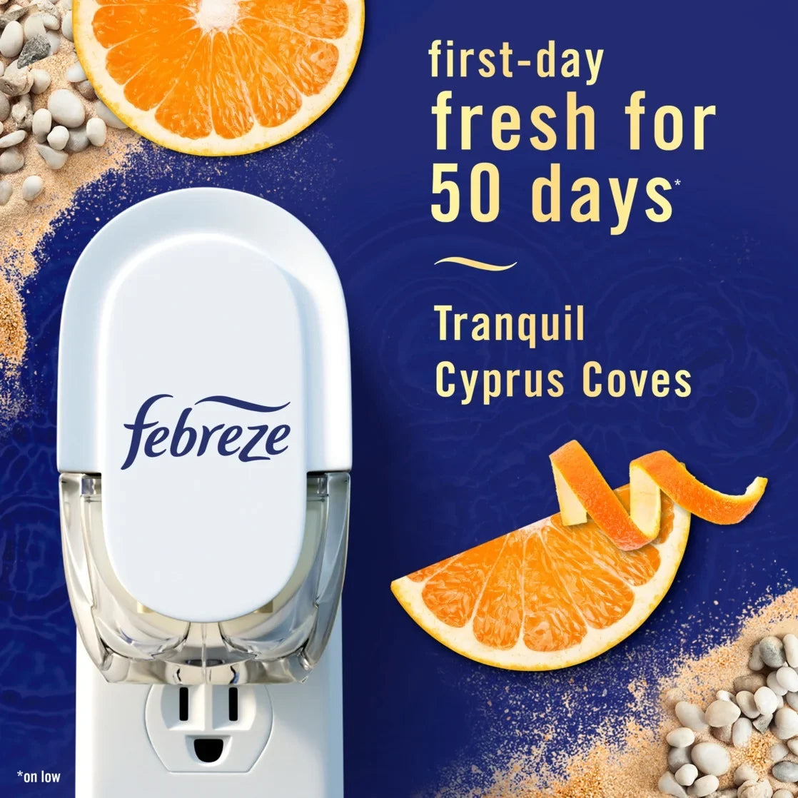 Febreze Plug In Air Freshener, Odor-Fighting Scented Oil Refill, Tranquil Cyprus Coves Scent, 2 Refills