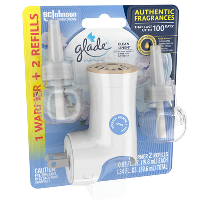 Glade PlugIns Scented Oil Warmer + 2 Refills, Air Freshener, Clean Linen™, 2 x 0.67 Oz