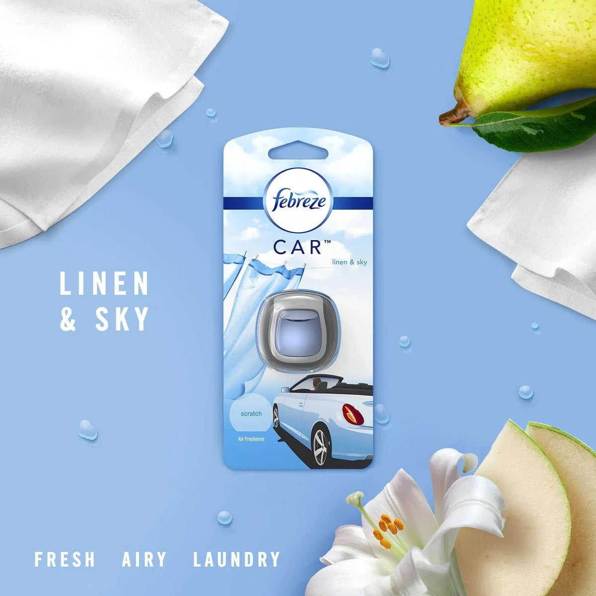 Febreze Car Odor Eliminating Air Freshener, Linen and Sky, 3 Count