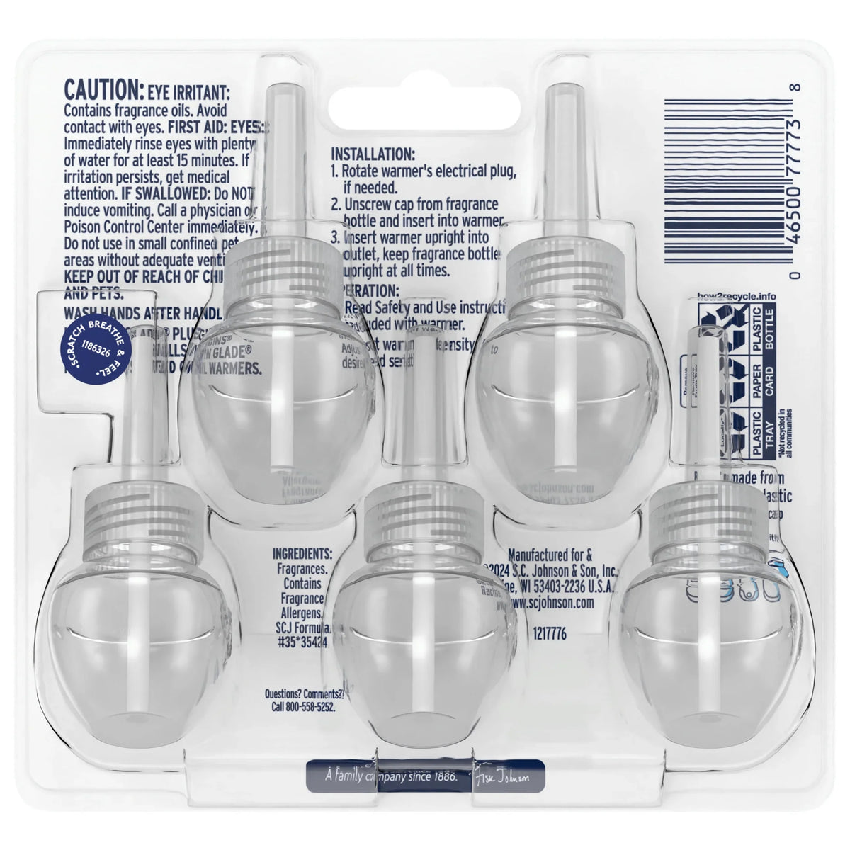 Glade PlugIns Scented Oil 5 Refills, Air Freshener, Apple Cinnamon, Essential Oil Infused Wall Plug In, 3.35 FL oz, Pack of 5