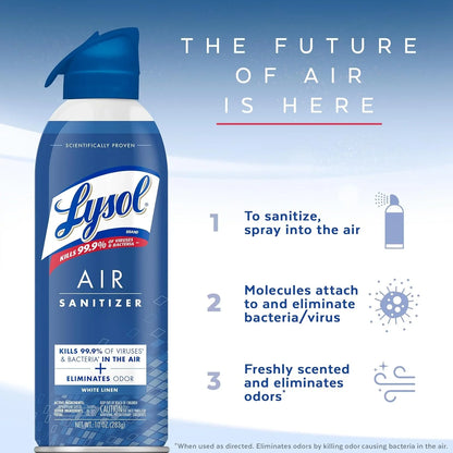 Lysol Air Sanitizer Spray, For Air Sanitization and Odor Elimination, White Linen Scent, 10 Fl. Oz (Pack of 3)
