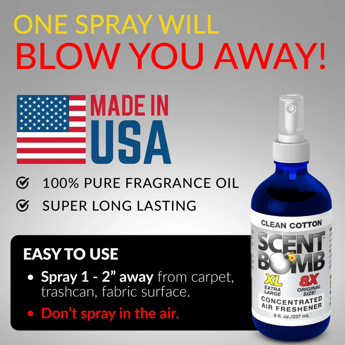 Scent Bomb Clean Cotton Air Freshener  8 oz Spray, Long-Lasting Odor Eliminator for Home & Car, Effective Deodorizer Spray for Kitchen, Bathroom, Fresh Room Spray & Smell Neutralizer