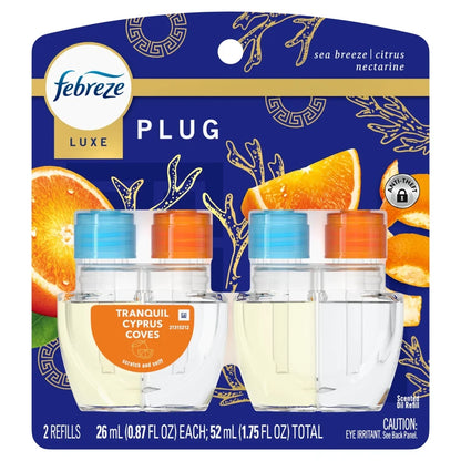Febreze Plug In Air Freshener, Odor-Fighting Scented Oil Refill, Tranquil Cyprus Coves Scent, 2 Refills