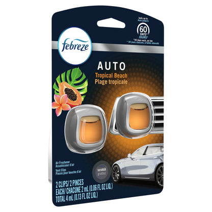Febreze AUTO Odor-Eliminating Car Freshener Vent Clip Tropical Beach, .06 Oz. Car Vent Clip, Pack of 2