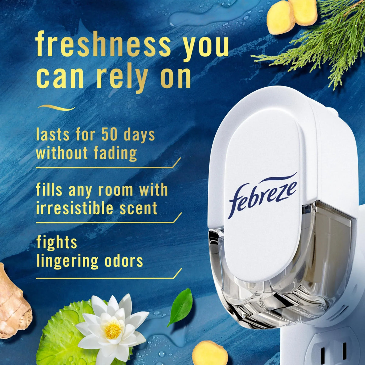 Febreze Plug In Air Freshener, Odor-Fighting Scented Oil Refill, Air Fresheners for Home and Bathroom and Kitchen, Long Lasting for Strong Odors, Ocean & Mountain Scents, 0.87oz Refills, 4 Count