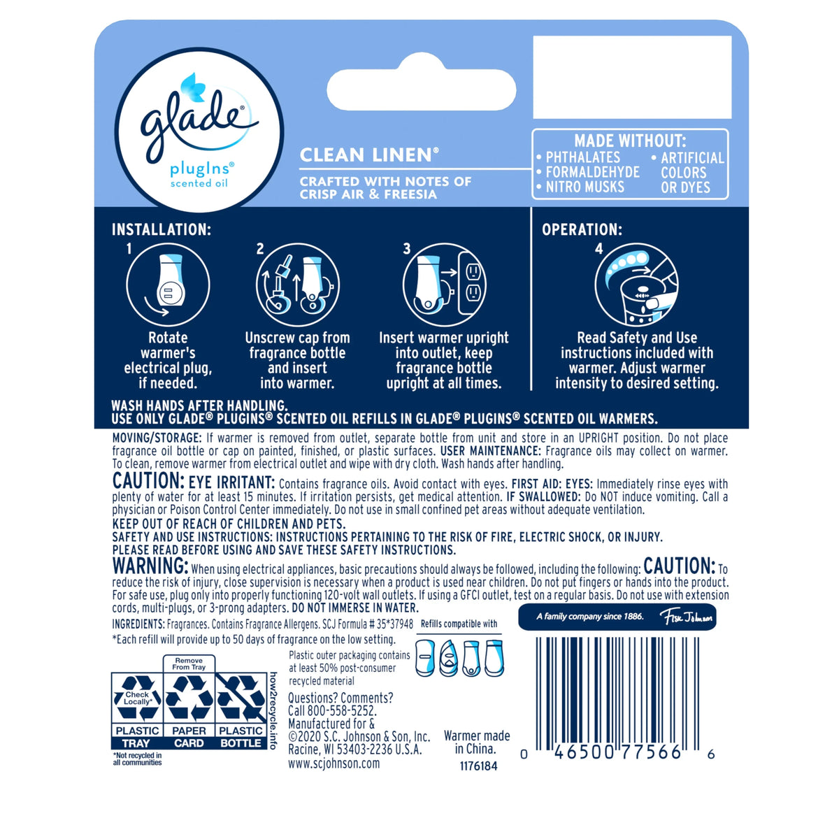 Glade PlugIns Scented Oil Warmer + 2 Refills, Air Freshener, Clean Linen™, 2 x 0.67 Oz