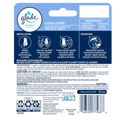 Glade PlugIns Scented Oil Warmer + 2 Refills, Air Freshener, Clean Linen™, 2 x 0.67 Oz