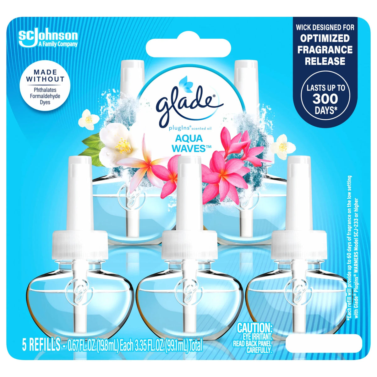 Glade PlugIns Scented Oil 5 Refills, Air Freshener, Aqua Waves, Essential Oil Infused Wall Plug In, 3.35 FL oz, Pack of 5