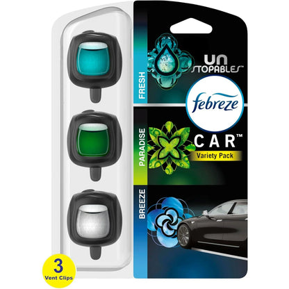 Febreze Car Air Freshener Odor-Fighting Car Vent Clip, Unstopables Variety Pack, 3-Count Pack of 3