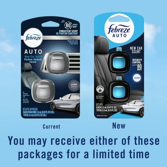 Febreze AUTO Car Air Freshener, Odor-Fighting Car Vent Clip, New Car, 2 Count - 4 pack